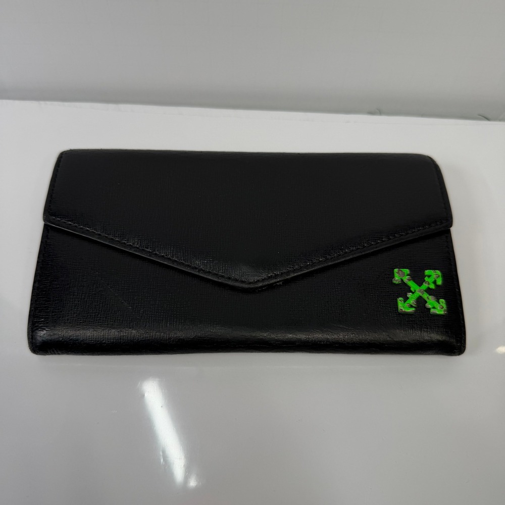 Off-White Wallet Unisex Long Flap Black Neon Green Arrow Logo Leather Italy Good